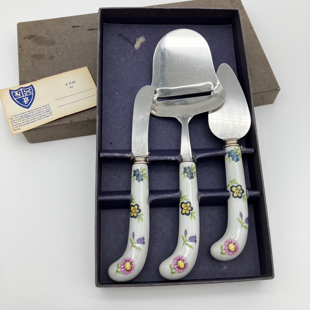 House of Prill Cheese Server Set 3-Pc Vintage Floral Porcelain Handles White